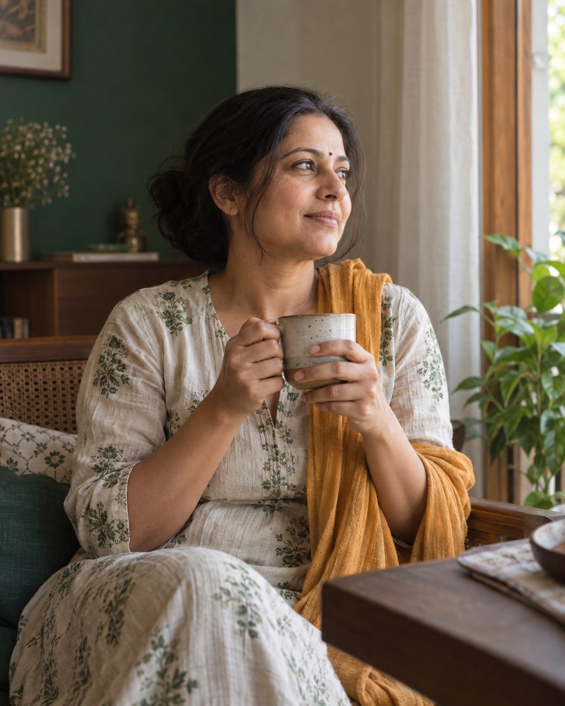 A woman enjoying a quiet cup of tea beside a sunlit window